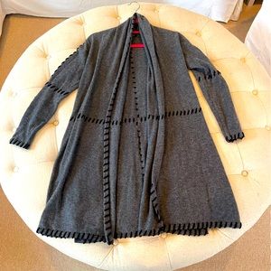 Claudia Nichole gray cashmere long open cardigan with black trim detailing